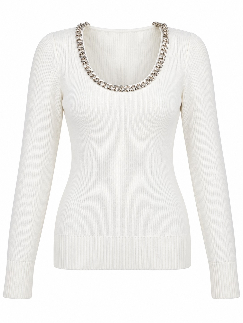 WHITE HOUSE BLACK MARKET | Ivory Chain Neck Ribbed Cashmere Blend Sweater | XS